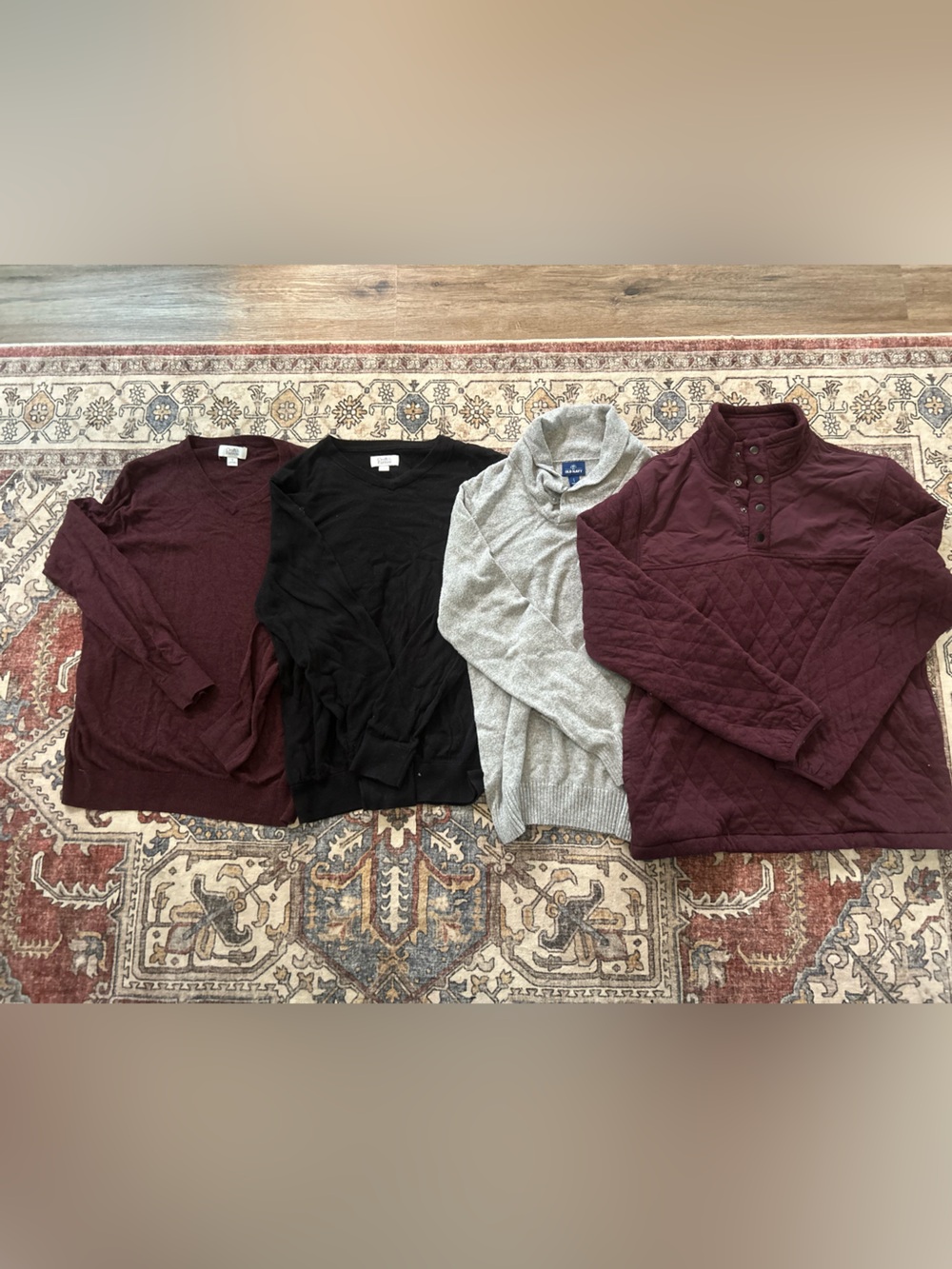 Old Navy Men's Dress Shirts and Quilted Pullovers in Burgundy, Black, and Gray